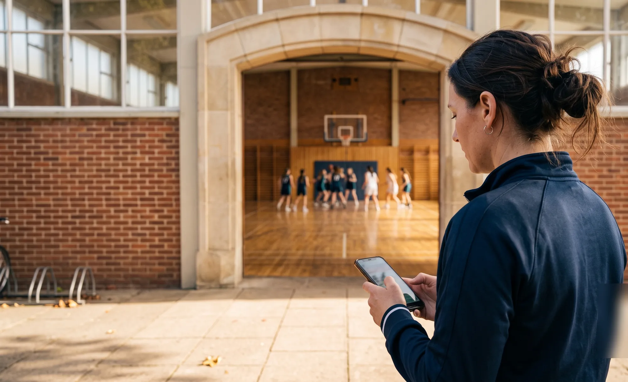 Une entraîneuse consulte son téléphone à l'entrée du gymnase, ses joueuses à l'entraînement en arrière-plan