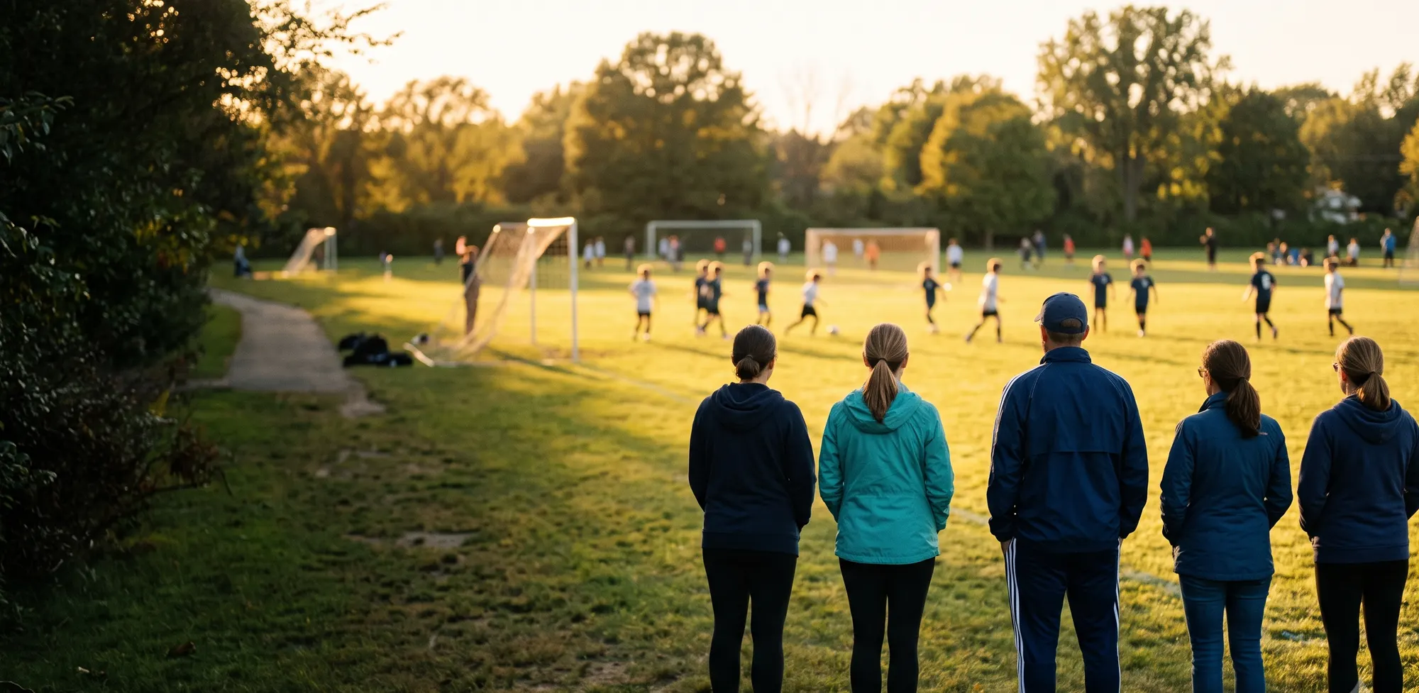 Des parents et des entraîneurs debout au bord d'un terrain, regardant de jeunes joueurs de soccer à l'heure dorée