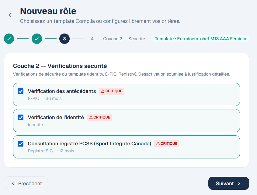 Assistant de création d'un rôle : couche des vérifications de sécurité avec trois critères critiques cochés