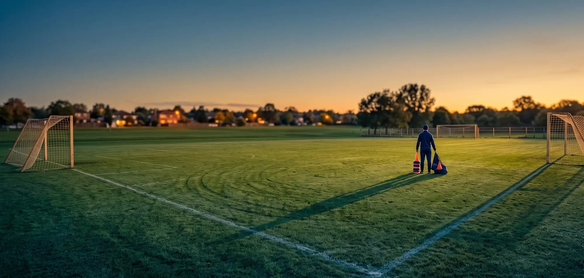 Un terrain de soccer au crépuscule, un entraîneur ramasse les cônes après l'entraînement