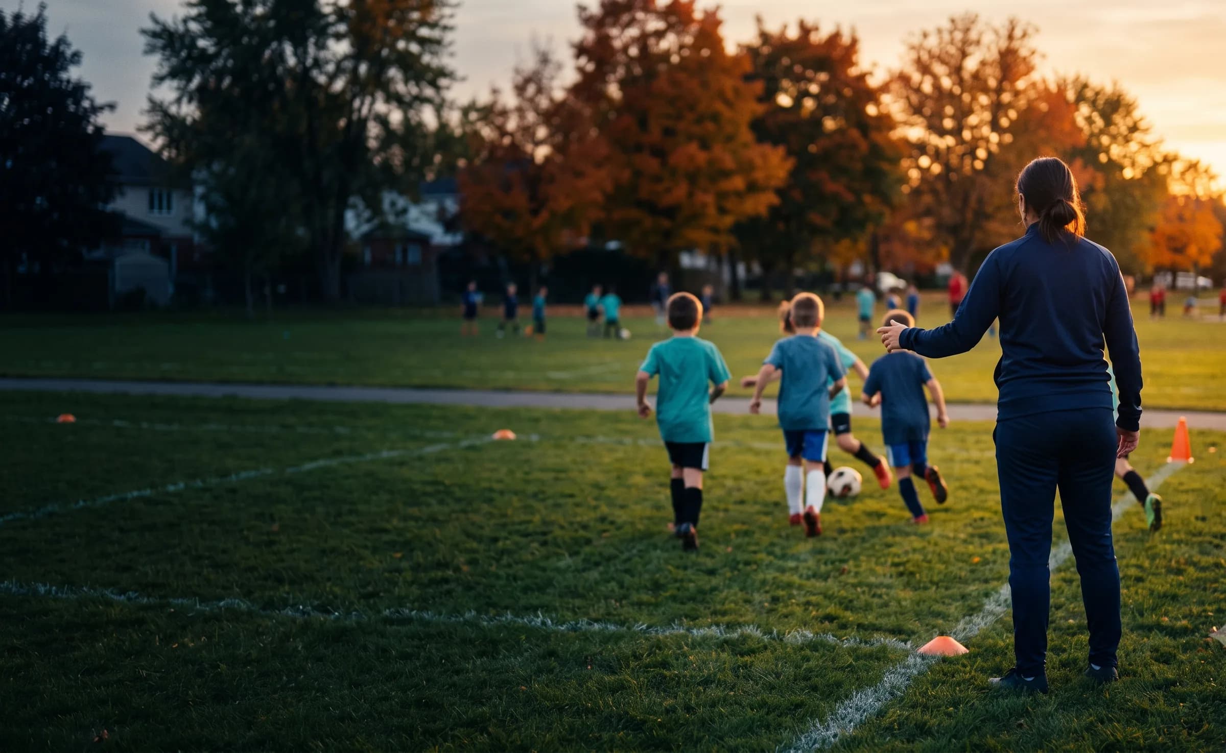 Une entraîneuse vue de dos guide de jeunes joueurs de soccer sur un terrain de parc, à la tombée du jour