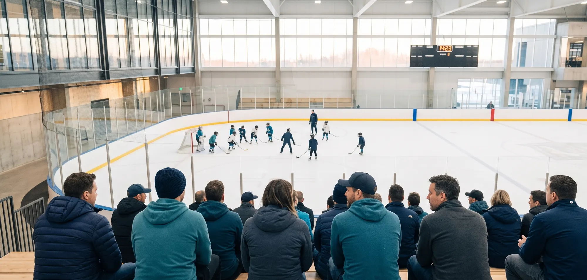 Des parents assis dans les gradins d'un aréna, regardant de jeunes hockeyeurs à l'entraînement