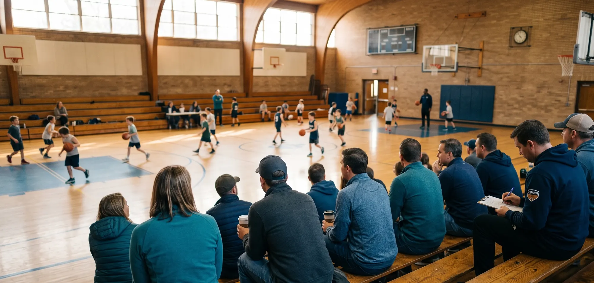 Des parents dans les gradins d'un gymnase pendant l'entraînement de basketball des jeunes